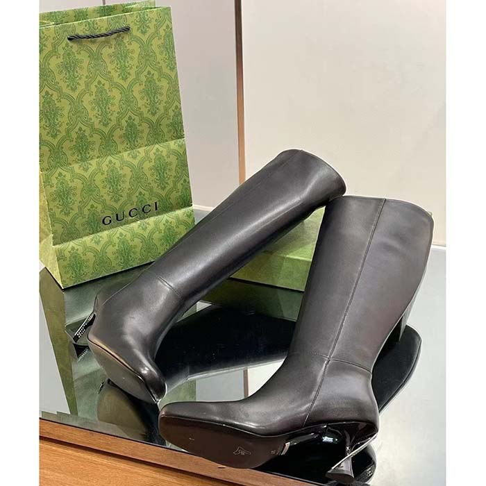G*u*i women gg boot black leather geometric heel metal inserts mid-heel