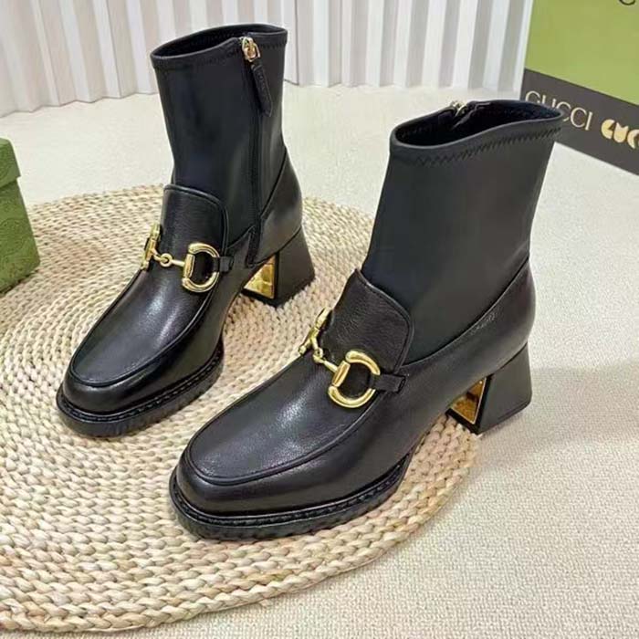 G*u*i women gg boot horsebit black smooth leather stretch leather mid 5.3 cm heel