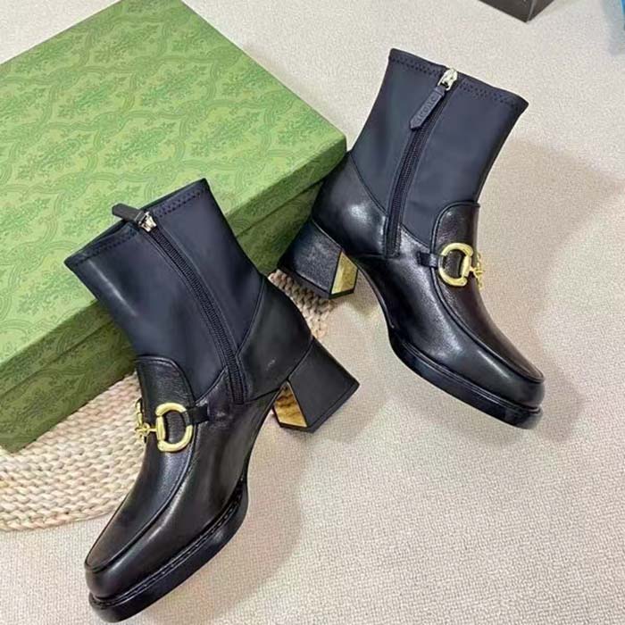 G*u*i women gg boot horsebit black smooth leather stretch leather mid 5.3 cm heel