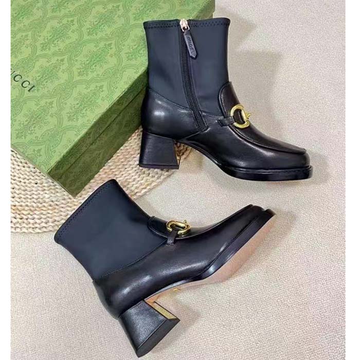 G*u*i women gg boot horsebit black smooth leather stretch leather mid 5.3 cm heel