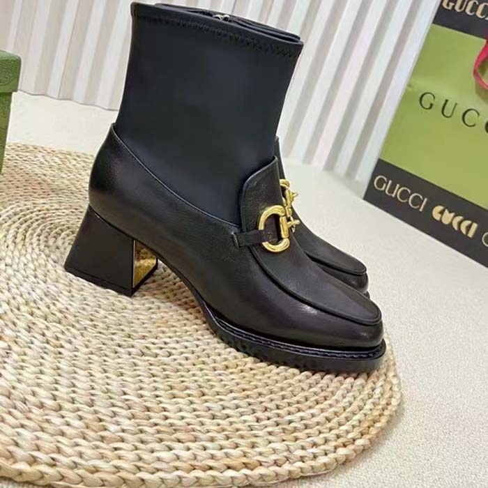 G*u*i women gg boot horsebit black smooth leather stretch leather mid 5.3 cm heel