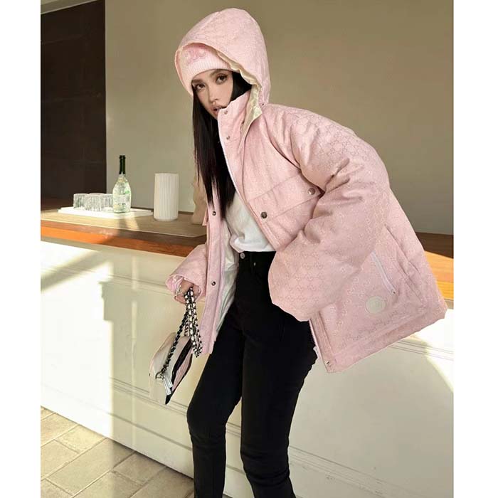 G*u*i women gg cotton canvas puffer jacket light pink gg lined interlocking g two front pockets