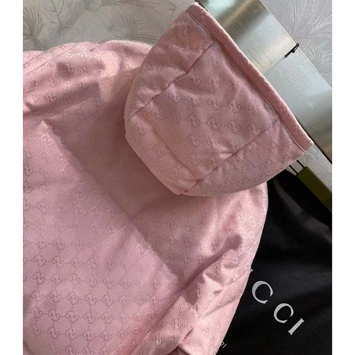 G*u*i women gg cotton canvas puffer jacket light pink gg lined interlocking g two front pockets