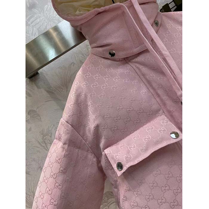 G*u*i women gg cotton canvas puffer jacket light pink gg lined interlocking g two front pockets