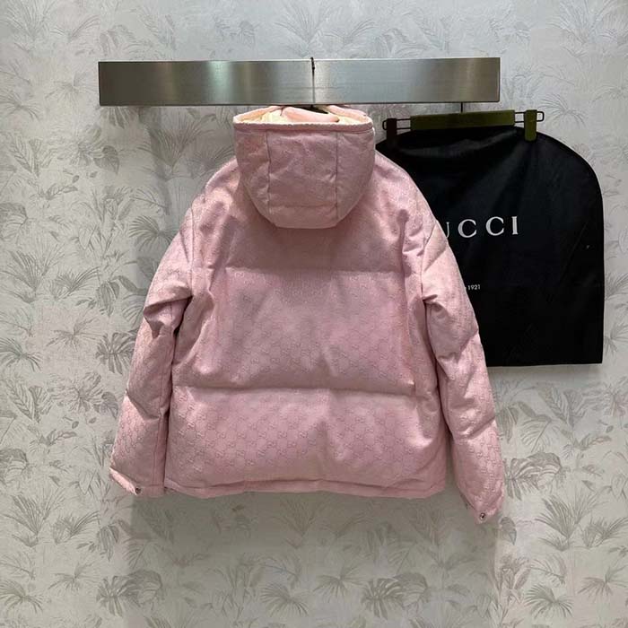 G*u*i women gg cotton canvas puffer jacket light pink gg lined interlocking g two front pockets