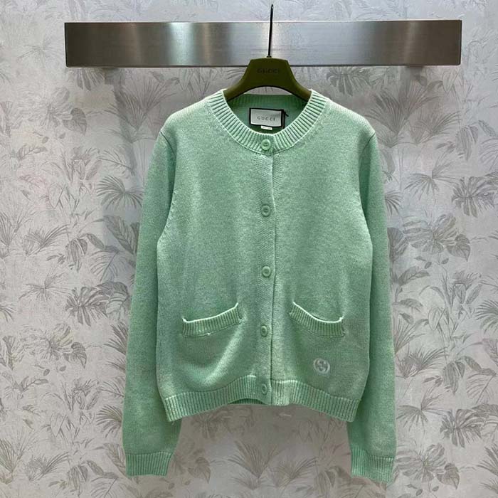 G*u*i men gg fine cashmere cardigan interlocking g light green crewneck long sleeves