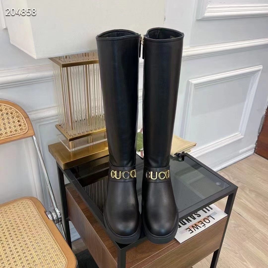 G*u*i women gg G*u*i boot black leather script rubber sole side zip closure flat