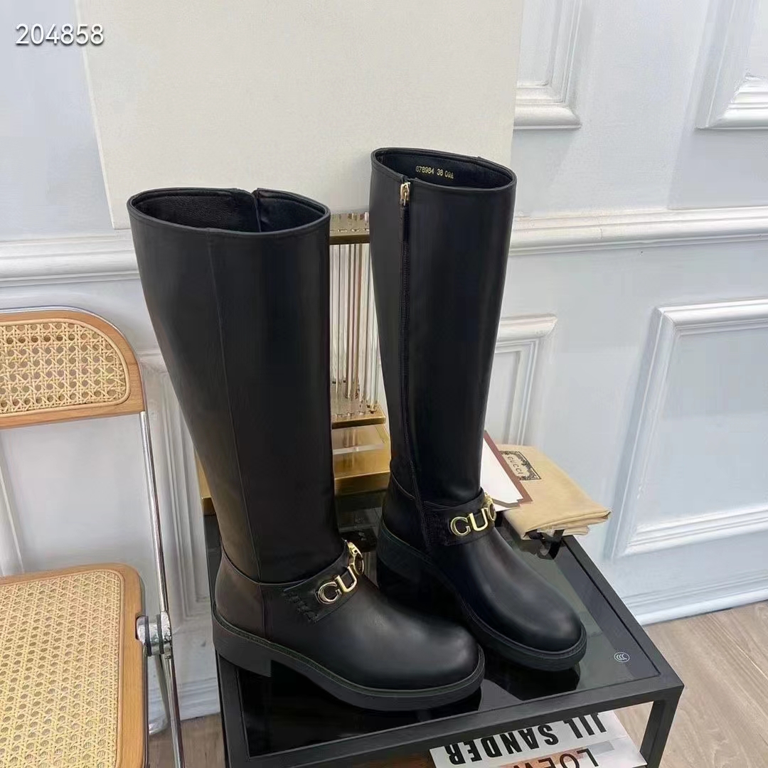G*u*i women gg G*u*i boot black leather script rubber sole side zip closure flat