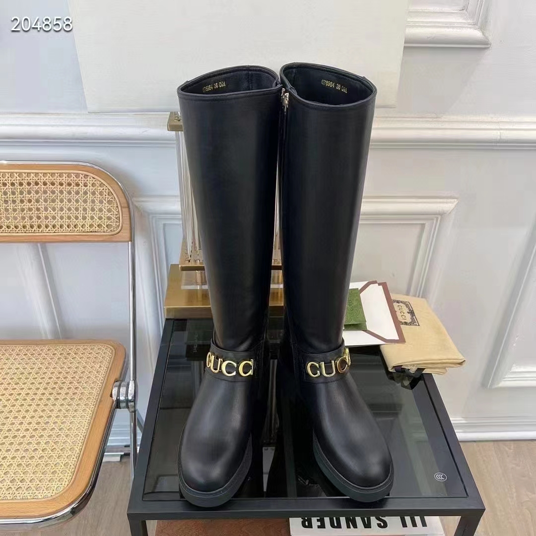 G*u*i women gg G*u*i boot black leather script rubber sole side zip closure flat