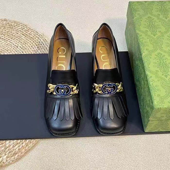 G*u*i women gg interlocking g mid-heel pump black leather enameled interlocking g chain