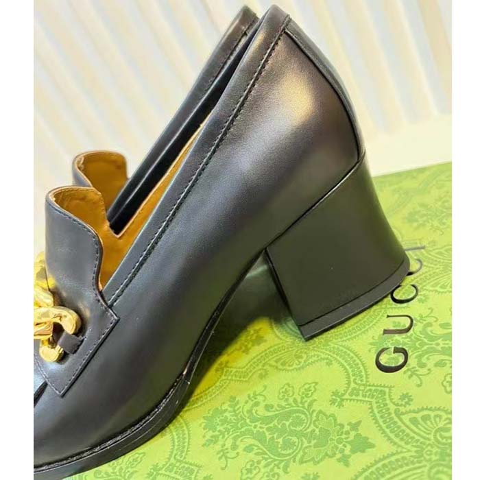 G*u*i women gg interlocking g mid-heel pump black leather enameled interlocking g chain