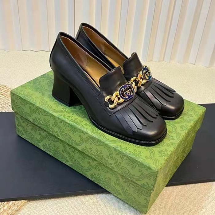 G*u*i women gg interlocking g mid-heel pump black leather enameled interlocking g chain