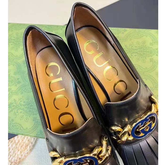 G*u*i women gg interlocking g mid-heel pump black leather enameled interlocking g chain