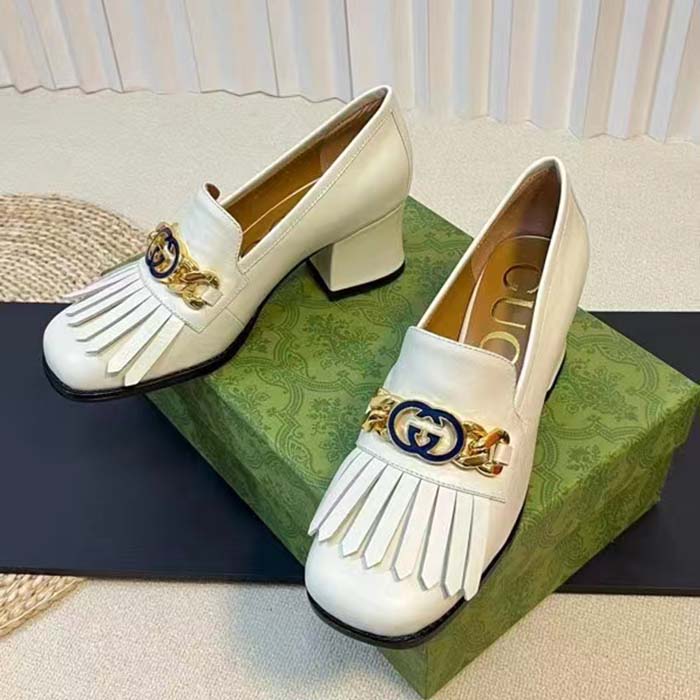 G*u*i women gg interlocking g mid-heel pump white leather enameled interlocking g chain
