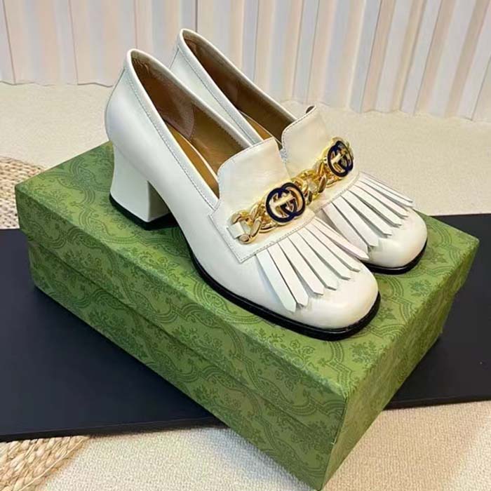 G*u*i women gg interlocking g mid-heel pump white leather enameled interlocking g chain
