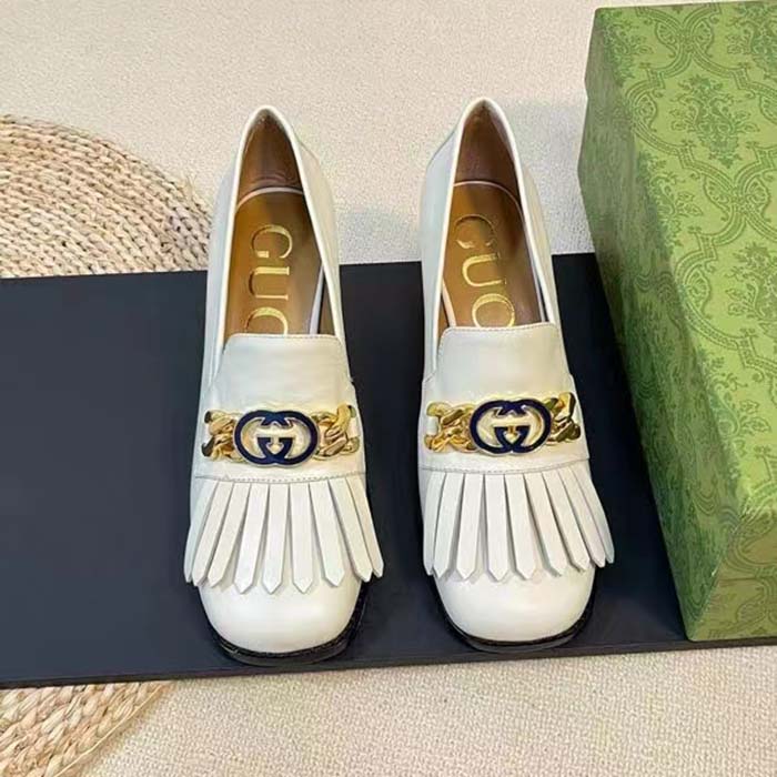 G*u*i women gg interlocking g mid-heel pump white leather enameled interlocking g chain