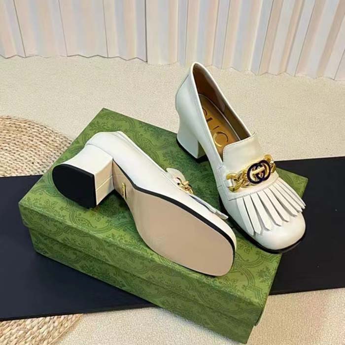 G*u*i women gg interlocking g mid-heel pump white leather enameled interlocking g chain