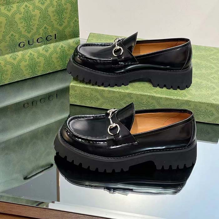 G*u*i women gg loafer horsebit black leather rubber lug sole flat