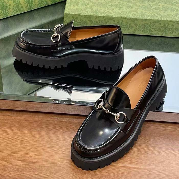 G*u*i women gg loafer horsebit black leather rubber lug sole flat