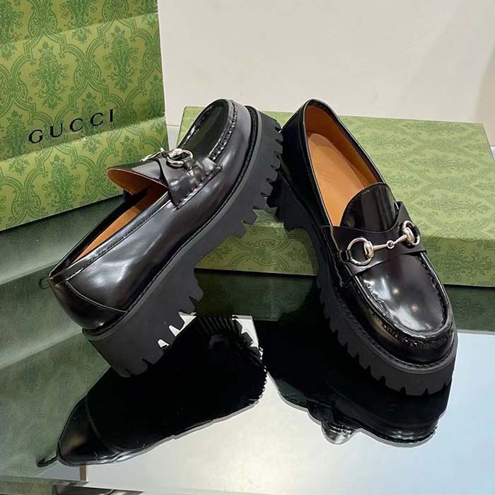 G*u*i women gg loafer horsebit black leather rubber lug sole flat