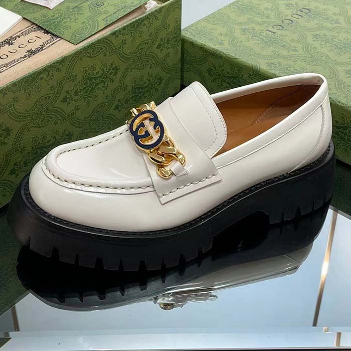 G*u*i women gg lug sole loafer white leather interlocking g chain rubber flat