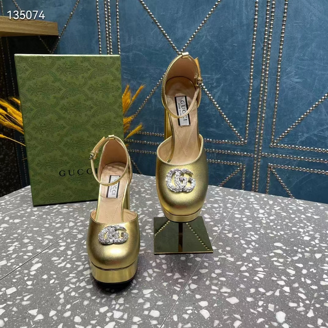 G*u*i women gg platform pump double g metallic gold patent leather crystals high heel