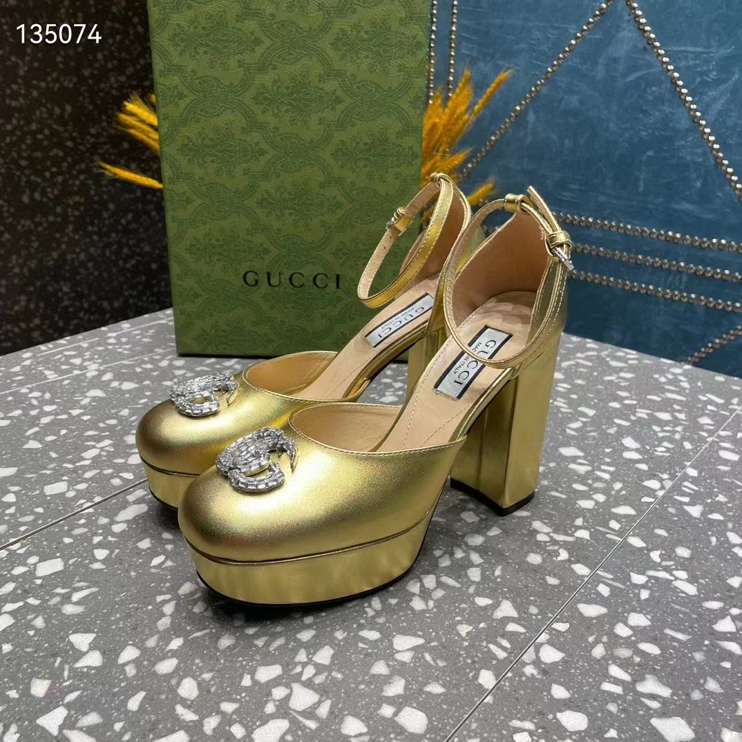 G*u*i women gg platform pump double g metallic gold patent leather crystals high heel