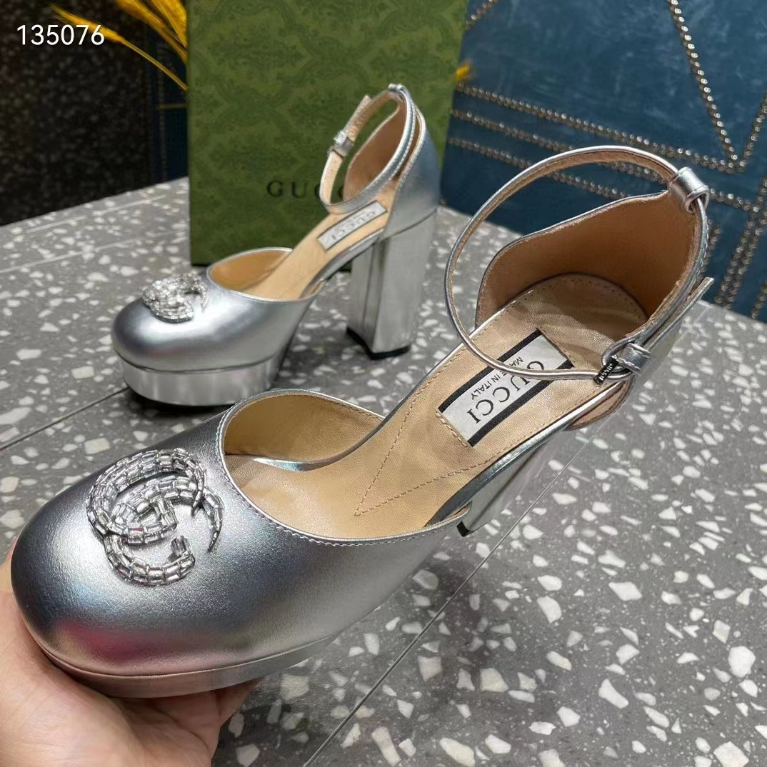 G*u*i women gg platform pump double g metallic silver patent leather crystals high heel
