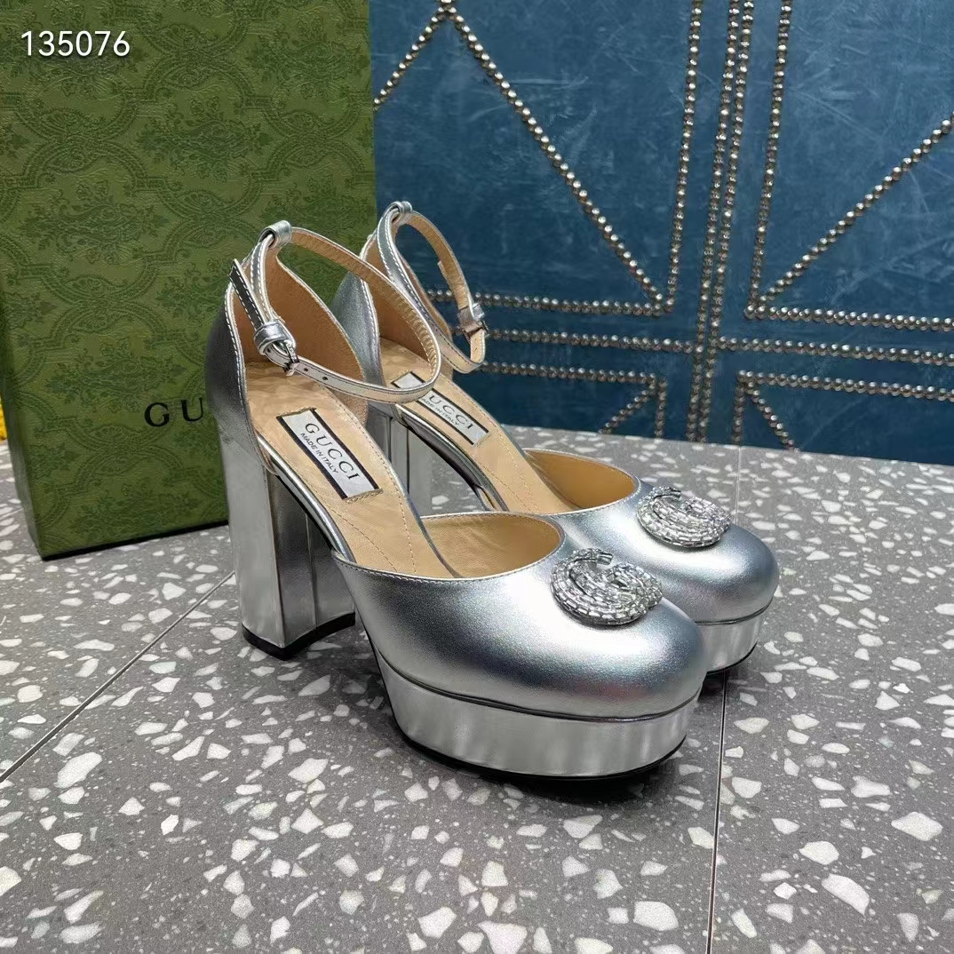 G*u*i women gg platform pump double g metallic silver patent leather crystals high heel