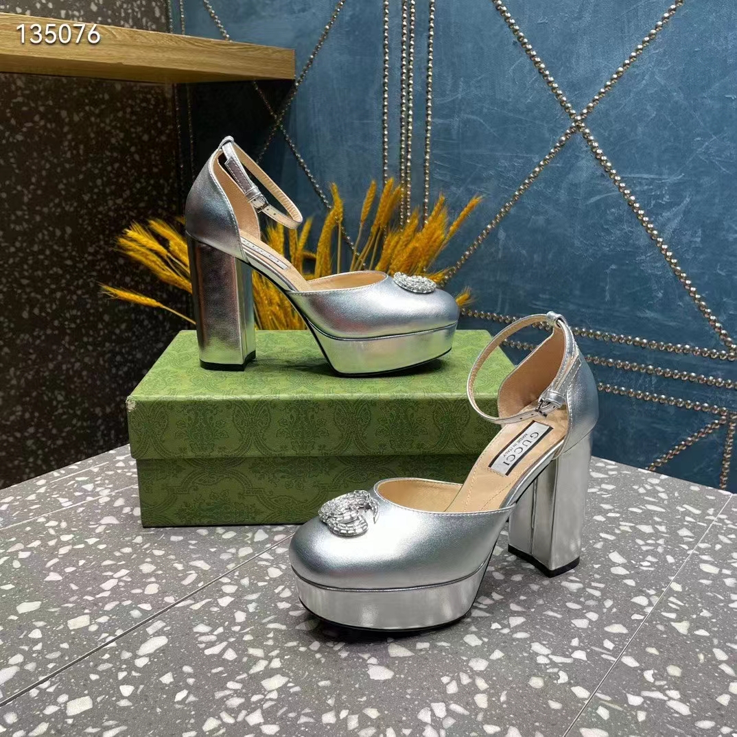 G*u*i women gg platform pump double g metallic silver patent leather crystals high heel