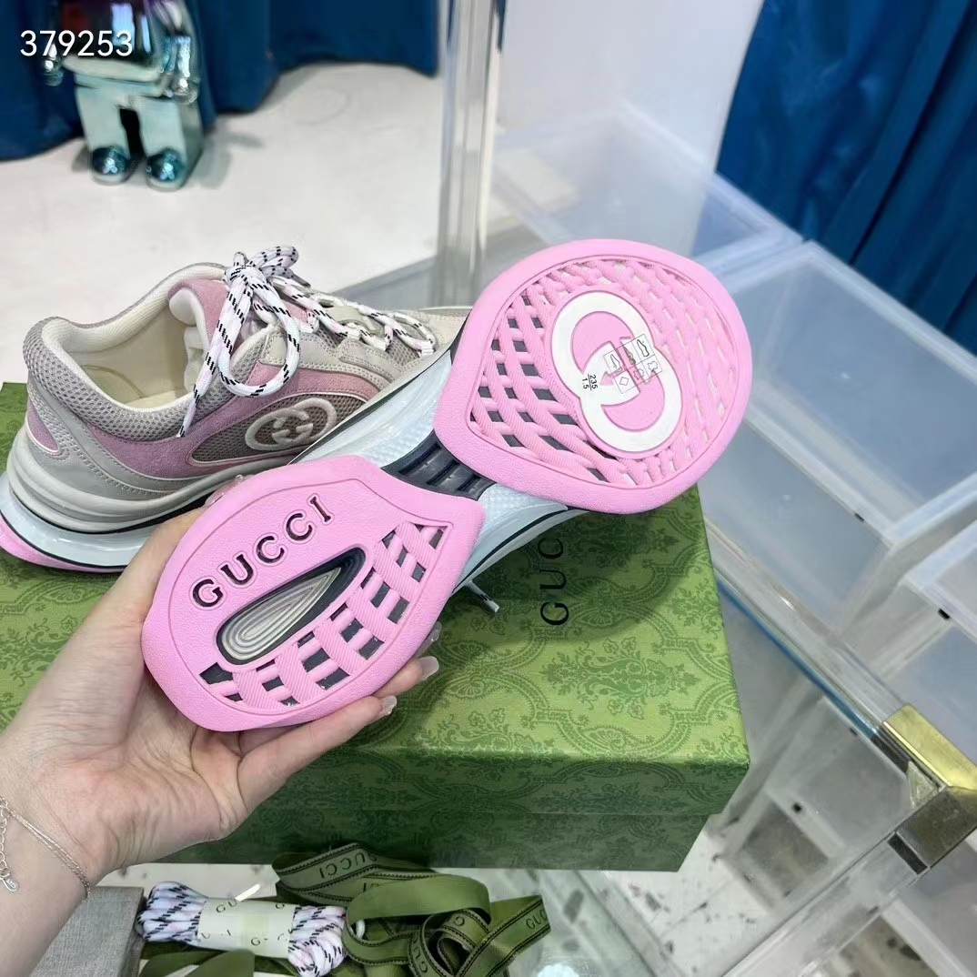 G*u*i women gg run sneaker ivory pink suede interlocking g bi-color rubber lace-up low-heel