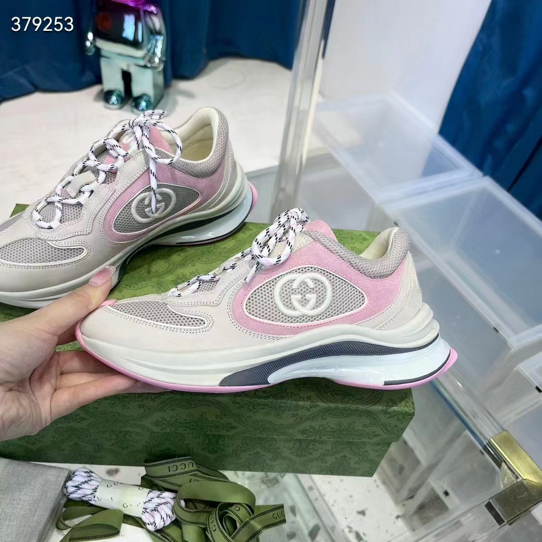 G*u*i women gg run sneaker ivory pink suede interlocking g bi-color rubber lace-up low-heel