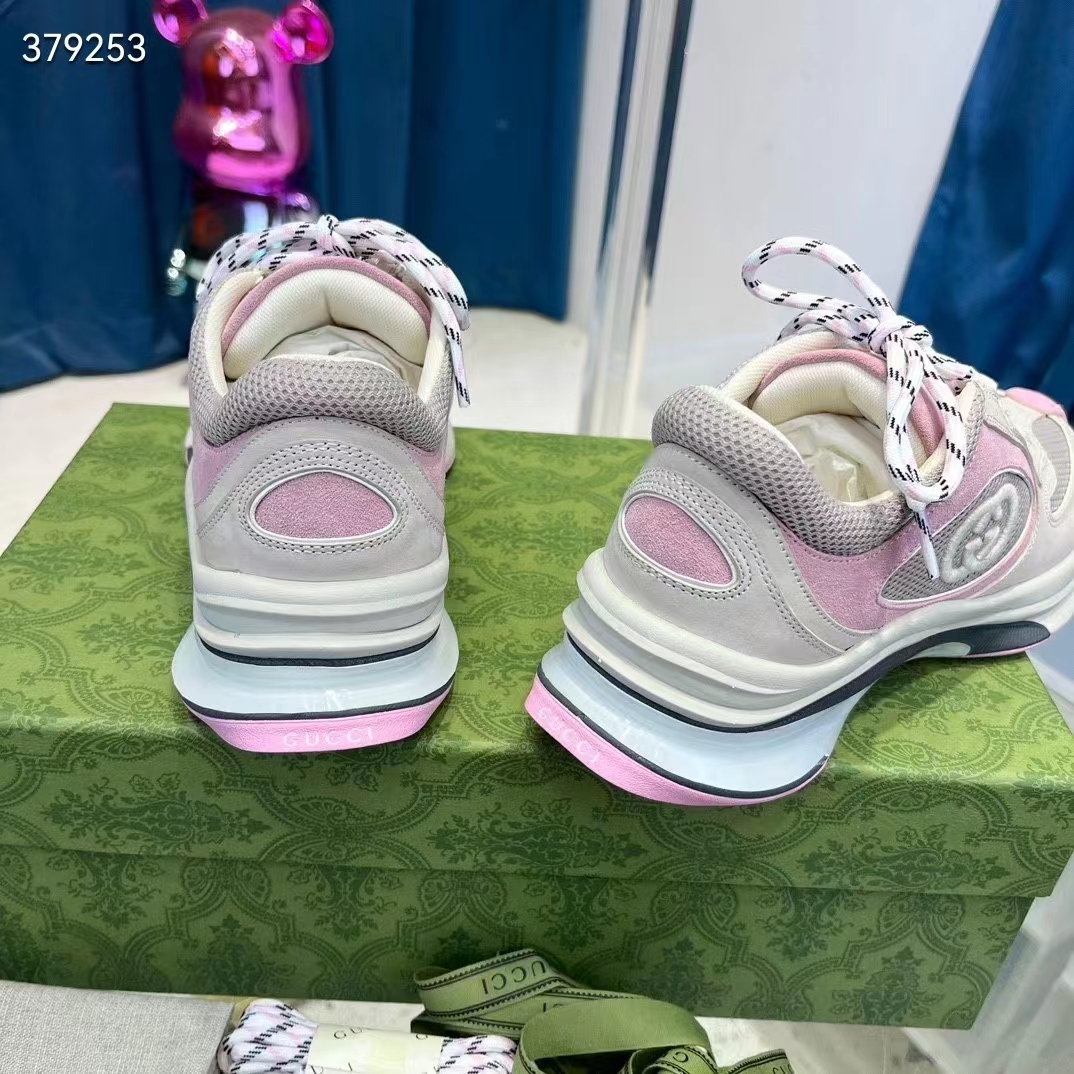 G*u*i women gg run sneaker ivory pink suede interlocking g bi-color rubber lace-up low-heel