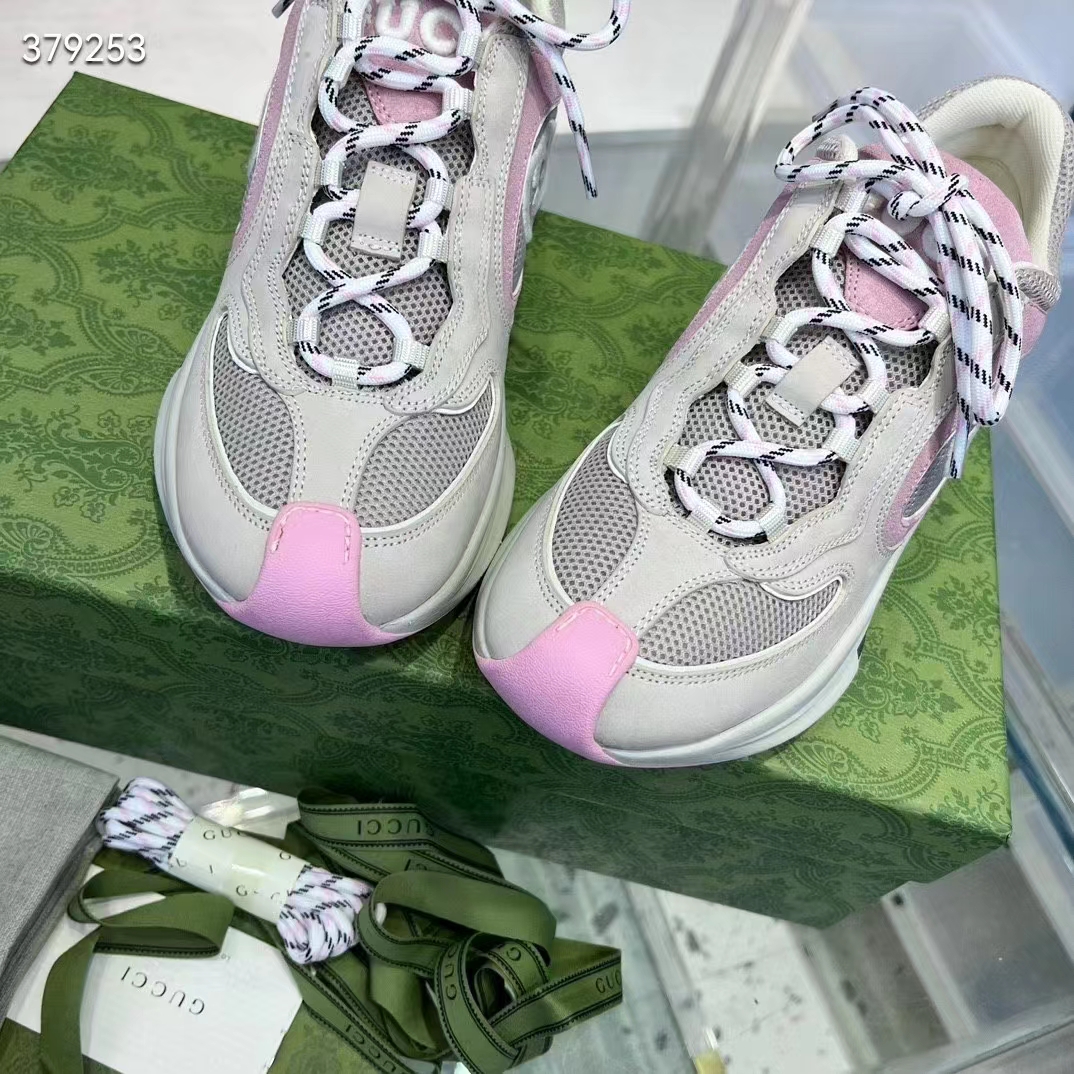 G*u*i women gg run sneaker ivory pink suede interlocking g bi-color rubber lace-up low-heel