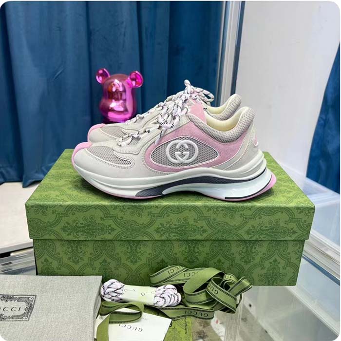 G*u*i women gg run sneaker ivory pink suede interlocking g bi-color rubber lace-up low-heel