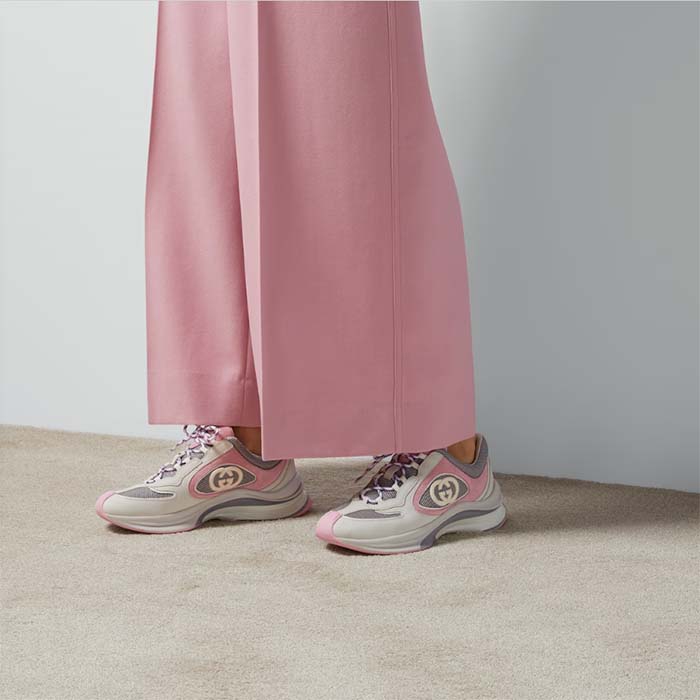 G*u*i women gg run sneaker ivory pink suede interlocking g bi-color rubber lace-up low-heel