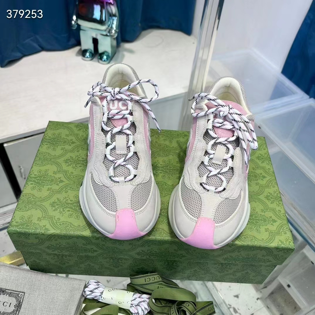 G*u*i women gg run sneaker ivory pink suede interlocking g bi-color rubber lace-up low-heel