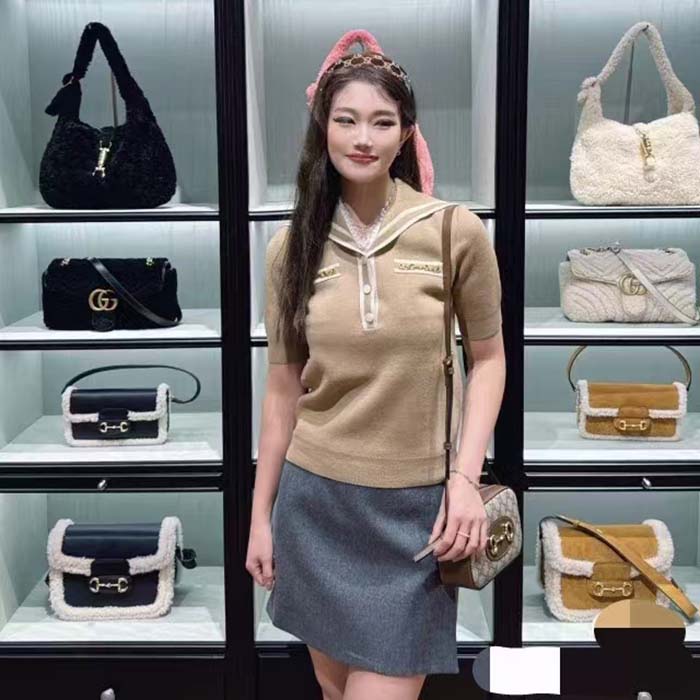 G*u*i women gg wool polo shirt horsebit camel wool sailor collar two front pockets short sleeves