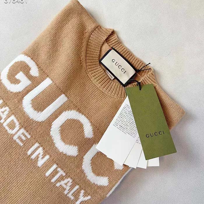 G*u*i men gg wool top G*u*i intarsia camel wool crewneck dropped shoulder long sleeves rib