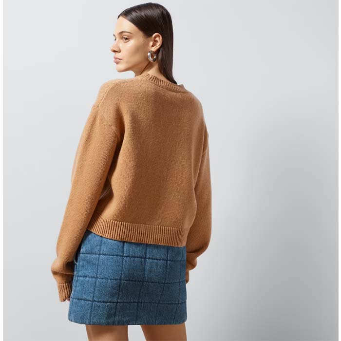 G*u*i women gg wool top G*u*i intarsia camel wool crewneck dropped shoulder long sleeves rib