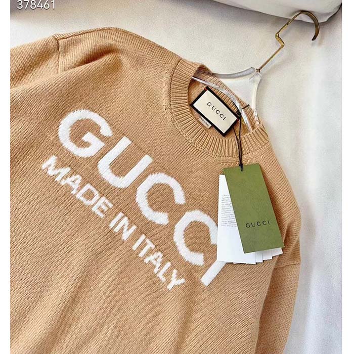 G*u*i men gg wool top G*u*i intarsia camel wool crewneck dropped shoulder long sleeves rib
