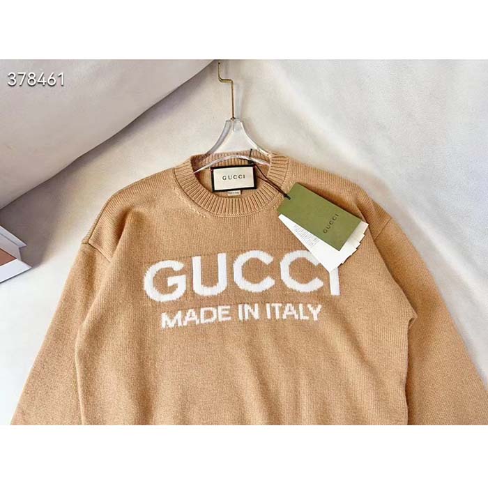 G*u*i men gg wool top G*u*i intarsia camel wool crewneck dropped shoulder long sleeves rib