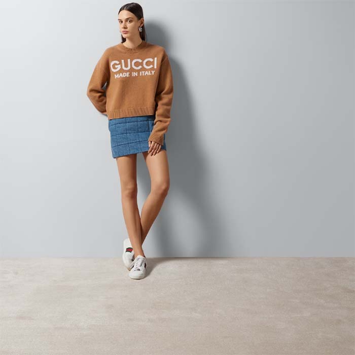G*u*i women gg wool top G*u*i intarsia camel wool crewneck dropped shoulder long sleeves rib