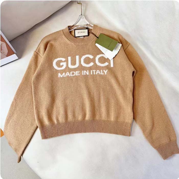 G*u*i men gg wool top G*u*i intarsia camel wool crewneck dropped shoulder long sleeves rib