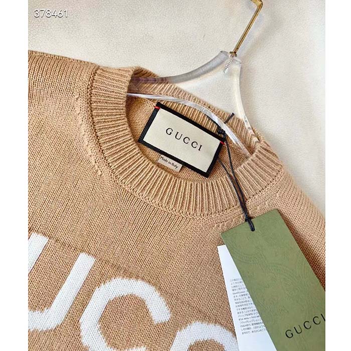 G*u*i men gg wool top G*u*i intarsia camel wool crewneck dropped shoulder long sleeves rib