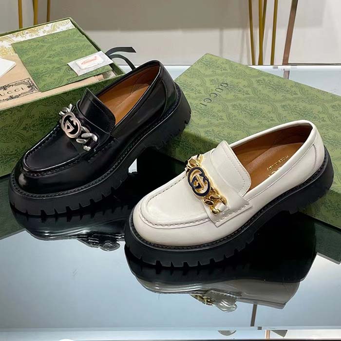 G*u*i women lug sole loafer black leather interlocking g chain rubber flat
