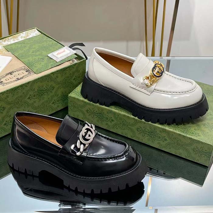 G*u*i women lug sole loafer black leather interlocking g chain rubber flat