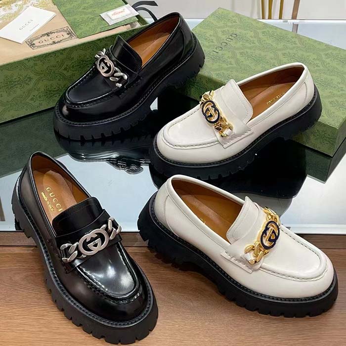 G*u*i women lug sole loafer black leather interlocking g chain rubber flat