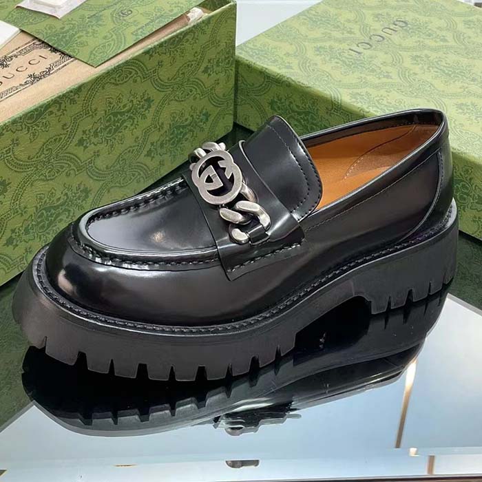 G*u*i women lug sole loafer black leather interlocking g chain rubber flat