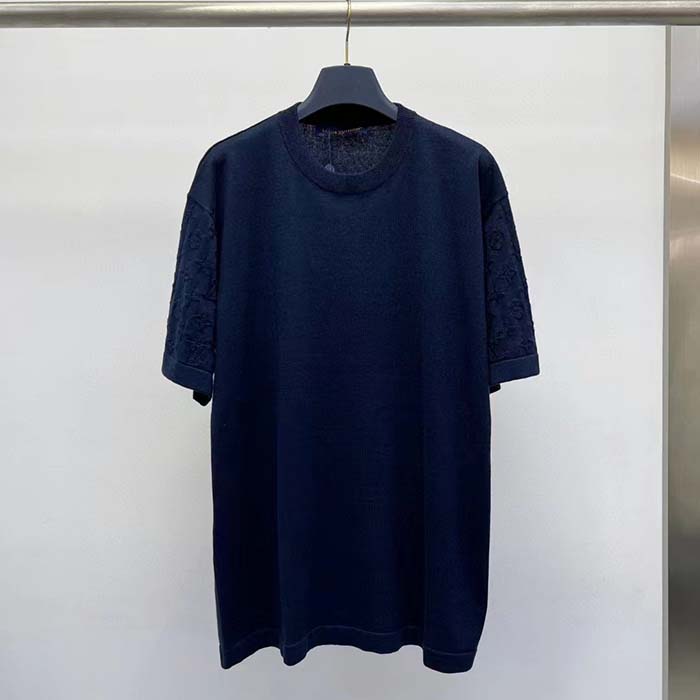 Louis Vuitton LV Men Short-Sleeved Cotton Crewneck Regular Fit Embossed Jacquard Monogram Navy Blue